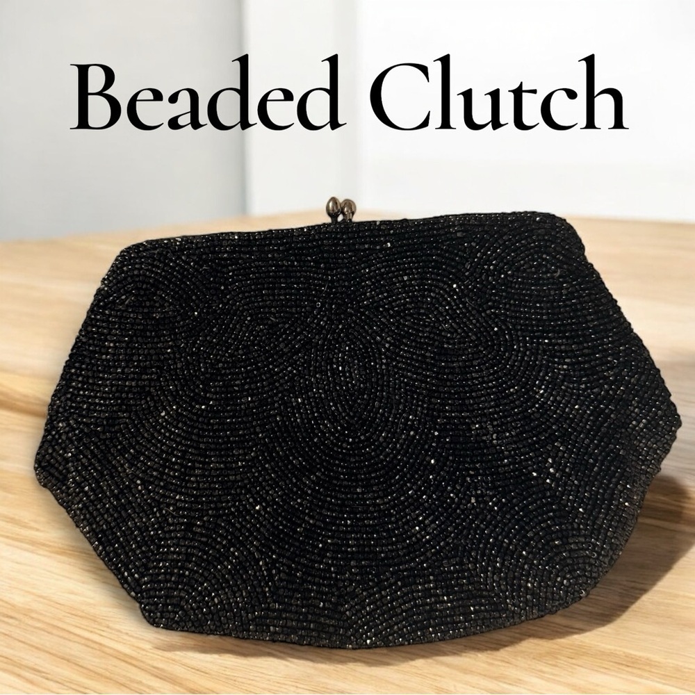 Vintage Black Shiny Beaded Clutch Satin Lined Evening Purse Kiss Lock Closure
